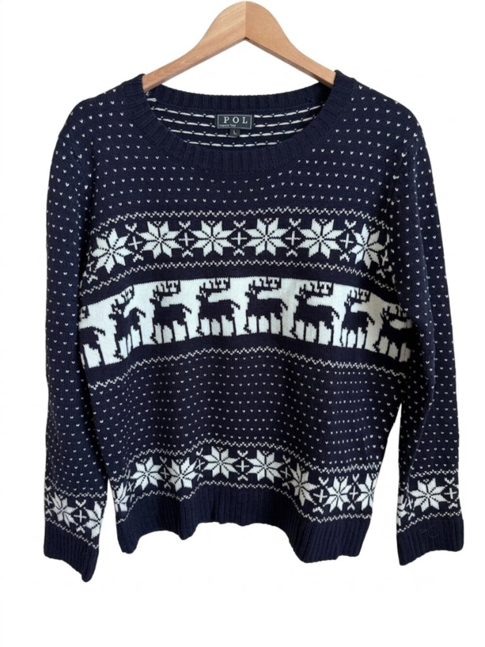 POL Fair Isle Reindeer Snowflake Sweater Women's Large Navy Cream Holiday Knit
